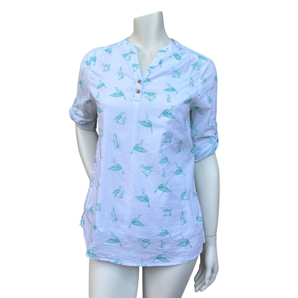 Mountain Warehouse‎ Heron Print Tunic Roll Tab Coastal Nature Blouse White US 8